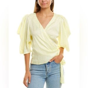 KRISA Women’s Puff Sleeve Wrap Top Daisy in Yellow color Size L